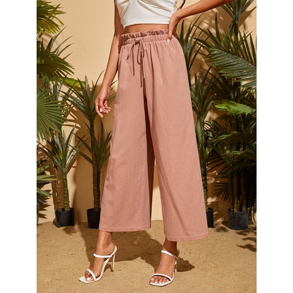 High waisted Frilled Waist Solid Wide Leg Pants green - Picture 9 of 13